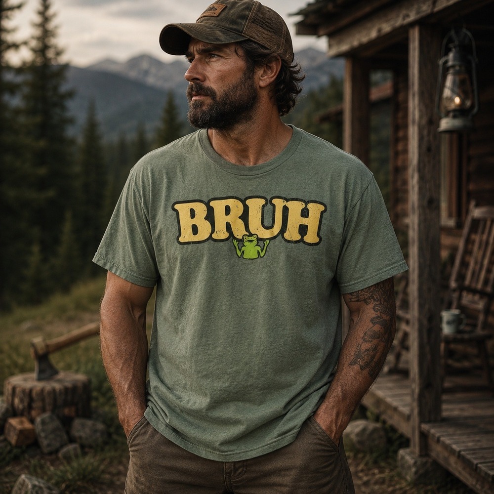 Bruh Frog Graphic XL T-Shirt Mens Olive Green Heather Short Sleeve Crewneck Tee
